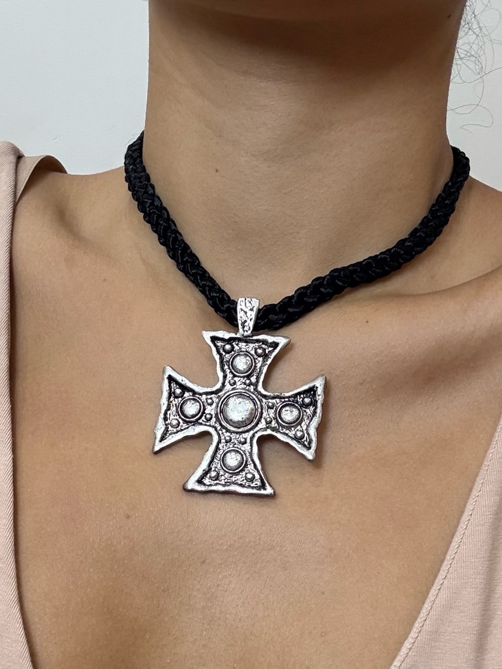 Silver Cross Pendant Necklace with Black Braided Cord